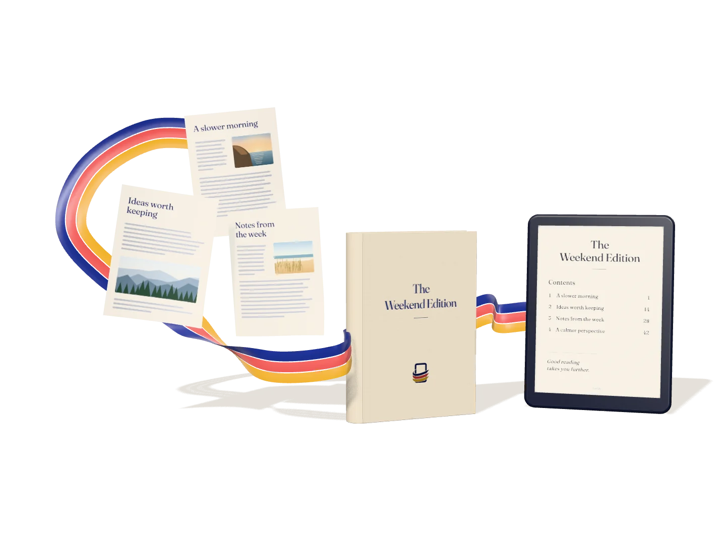 Three colourful ribbons gather articles into a linen-bound Weekend Edition and carry it to an eReader.